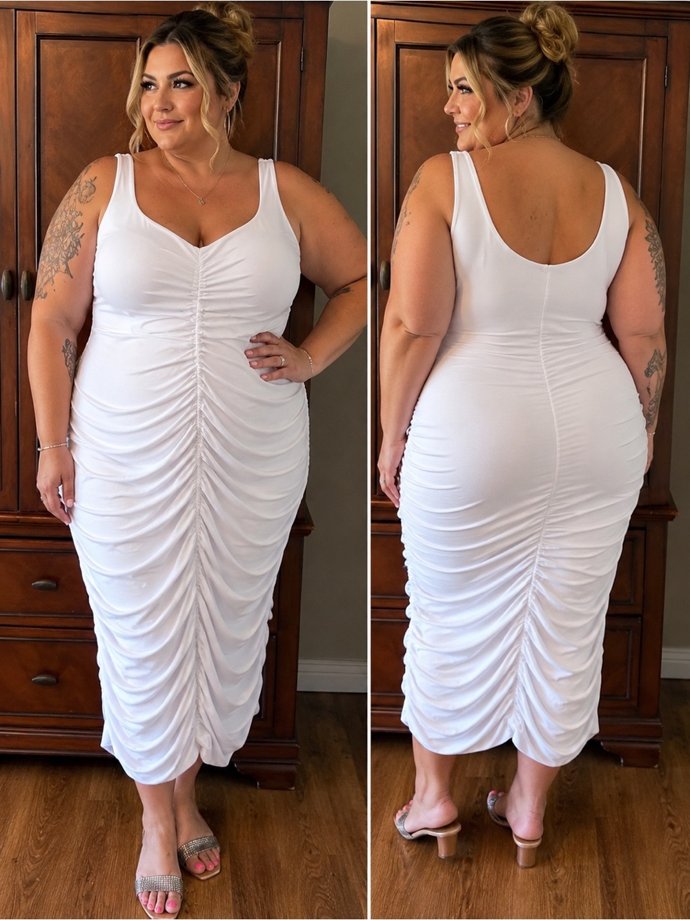 Plus-Size White Ruched Tank Midi Dress — Sleek Scoop Neck